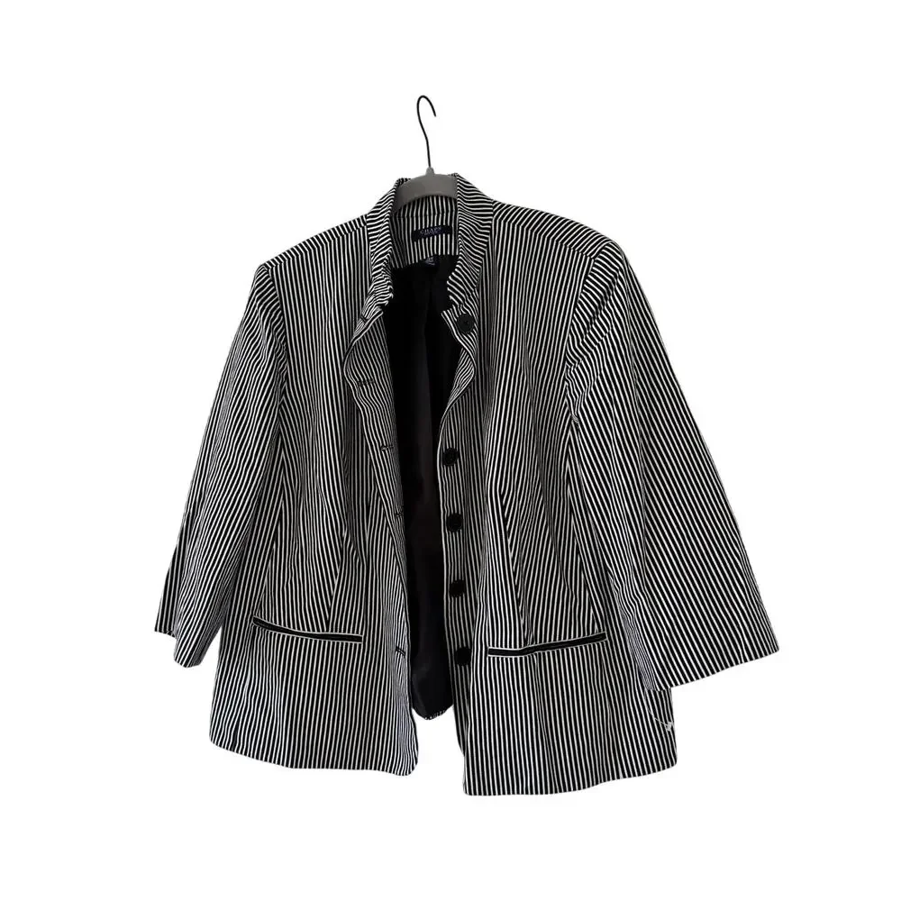 Chaps Womens 18W Black White Striped Cotton Blazer Jacket Plus Size Button - Picture 4 of 13